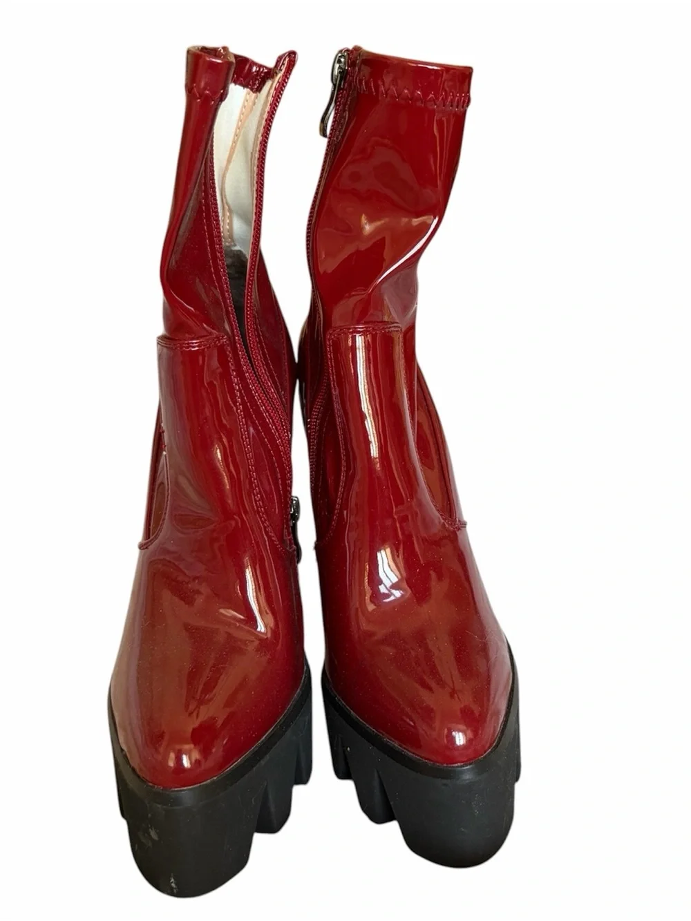 Super tall Red Patent Platform Block Heel Ankle Boots